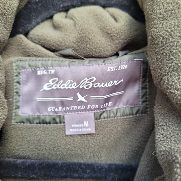 Eddie Bauer Lodge Dark Green Hooded Down Duffle Coat with Faux Fur Trim - Picture 4 of 12